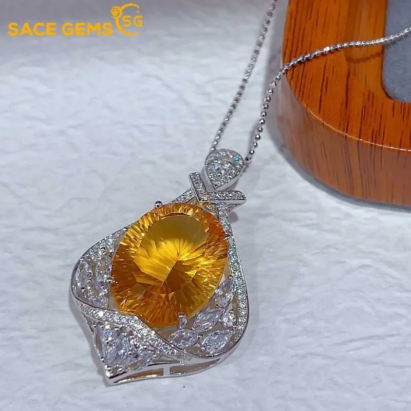 

SACEGEMS Luxury 925 Sterling Silver Certified 15*20MM Natual Citrine Pendant Necklace for Women Cocktail Party Fine Jewelry Gift