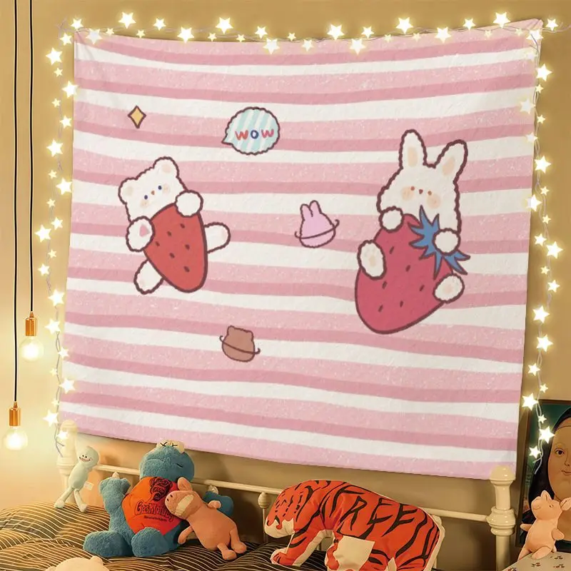 VIKAMA Korean Style Cartoon Bunny Tapestry, Durable Polyester Wall Hanging, Bedroom Living Room Decor, Cute Animal Backdrop