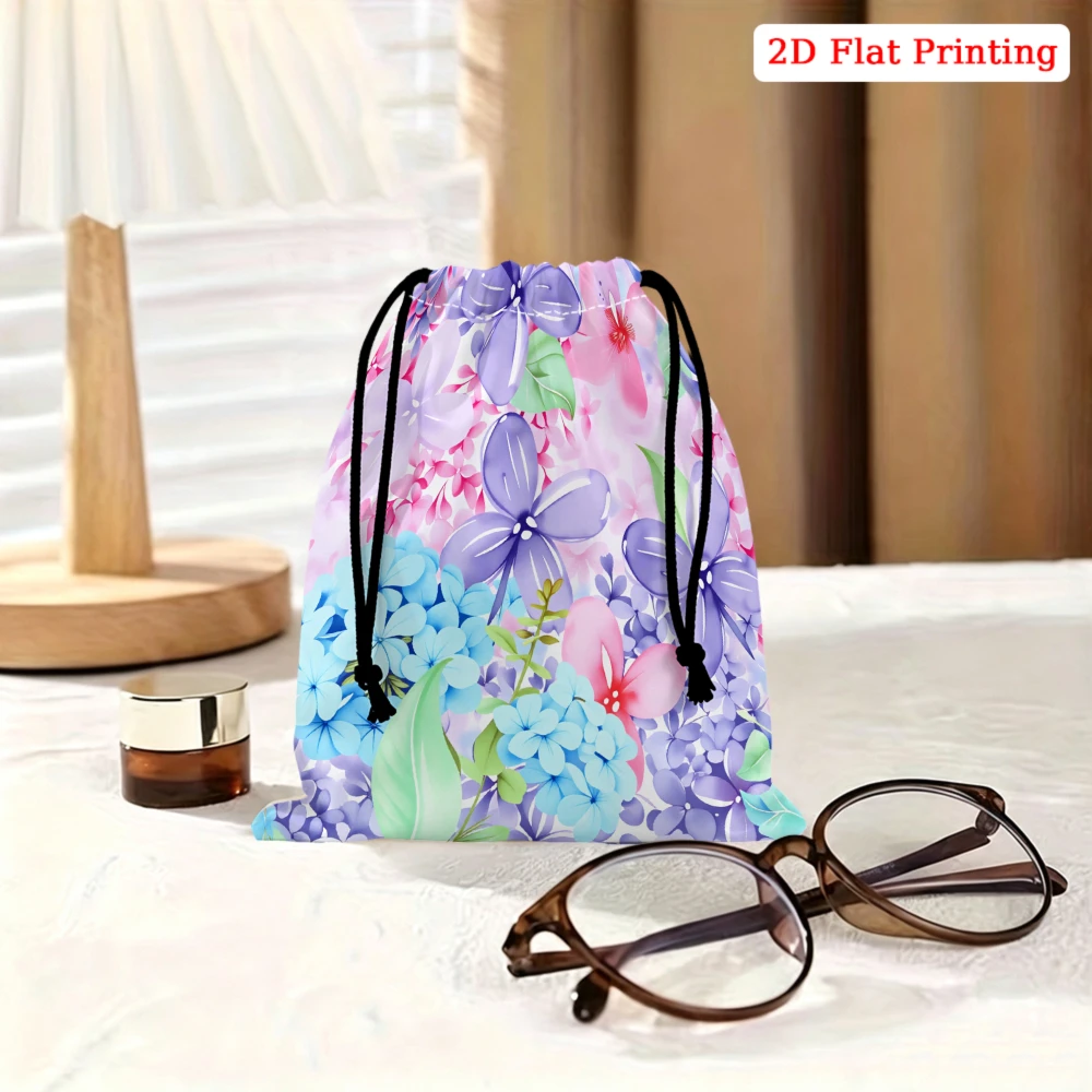 1pc Floral Drawstring Bag Purple Blue Flower Print Storage Small Pouch For Glasses Cosmetics Travel Organizer Portable Gift