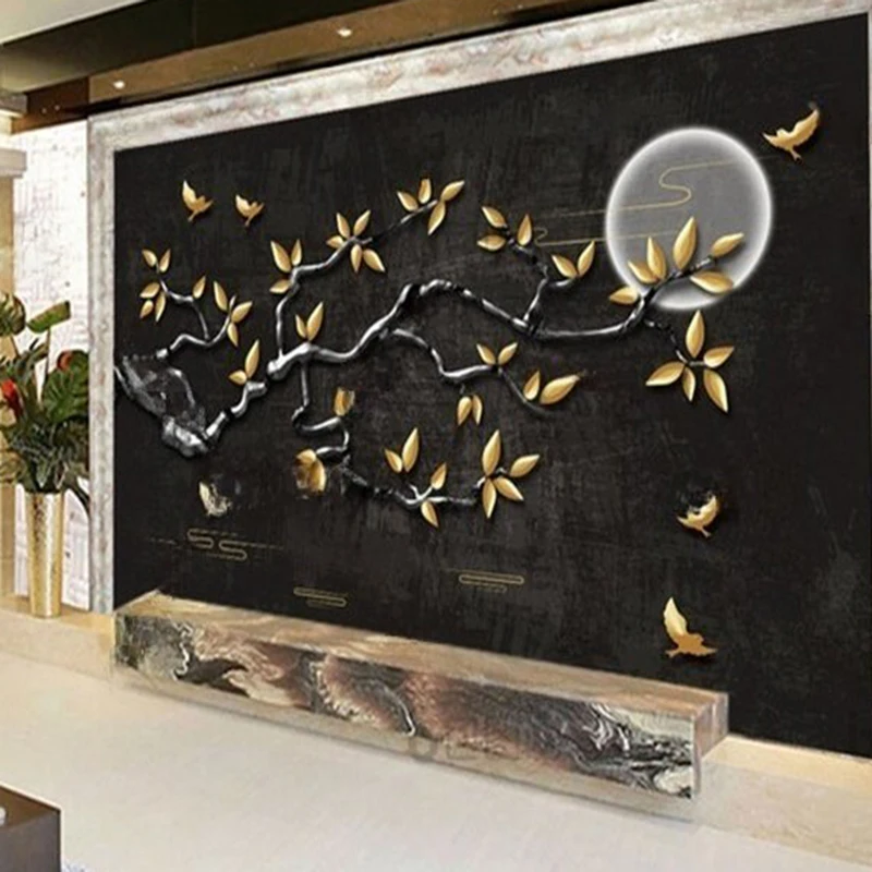 MU9128 Simple background wall paper with a black three-dimensional relief and golden leaves in a retro Chinese style