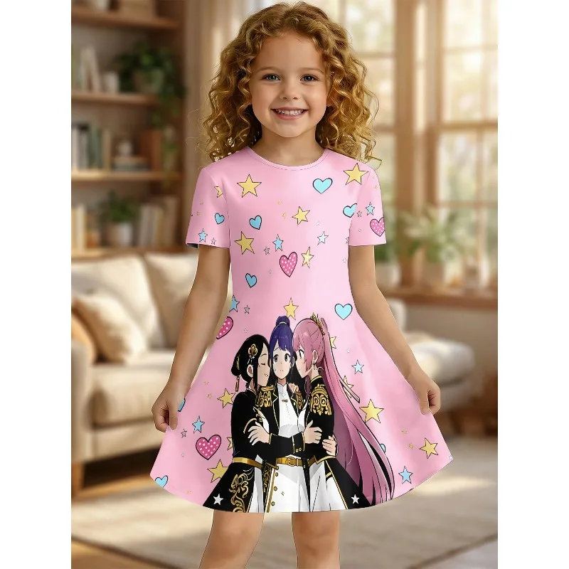 Girl Anime Girl Group and Celebrity Printed T-shirt Dress, Children's Party Wearing Pink Dress Suitable for Birthday Gifts