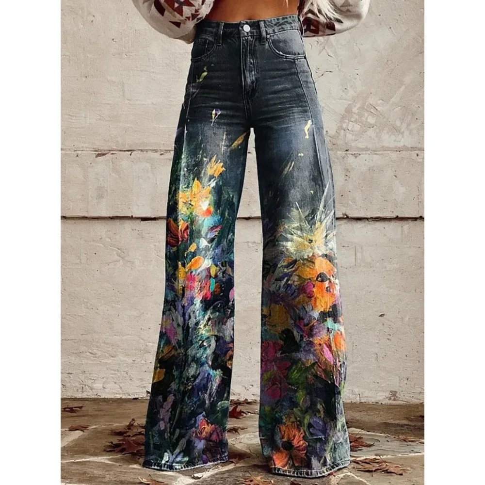 Damenhose mit Folk-Art-Print, hoher Taille und weitem Bein, Boho-Freizeithose, farbenfrohe, bequeme, locker sitzende Hose für den Alltag – Detail 6