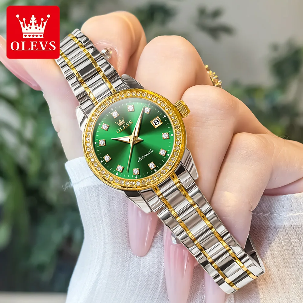 OLEVS 7003 ساعة ميكانيكية أوتوماتيكية للنساء ماركة راقية ساعة ماسية أنيقة خفيفة فاخرة مقاومة للماء ساعة نسائية مضيئة