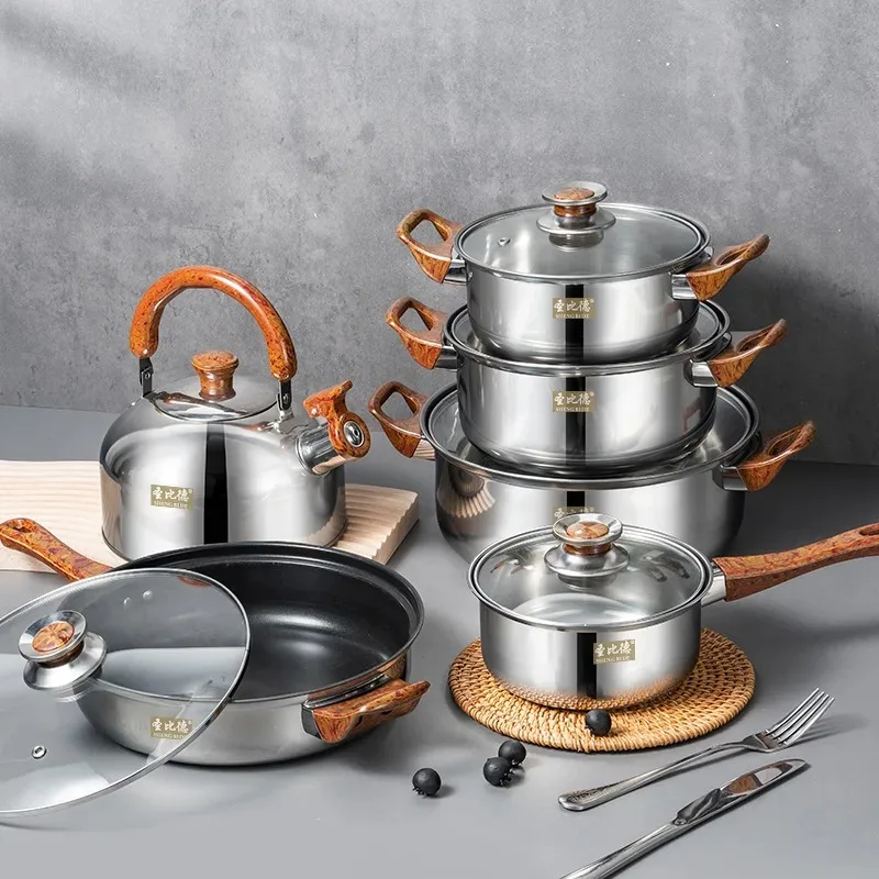 6PCS Stainless Steel Cookware Set Wood Grain Handle Removable with Kettle Kitchen Cooking Pot
