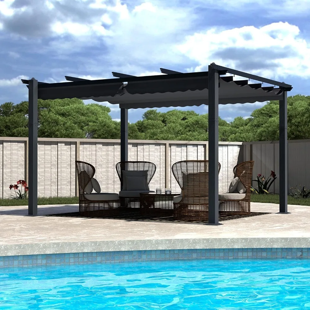 

10x10 Foot Metal Pavilion with Thicker Columns and Upgraded Retractable Canopy, Heavy-duty Aluminum Pavilion