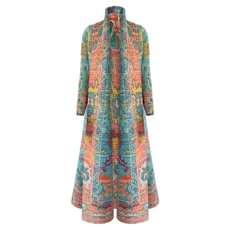 Miyake Pleated Retro Printed Foldable Collar Long Sleeved Trench Coat for Women\'s Autumn New Ethnic Style Oversized Long Jacket