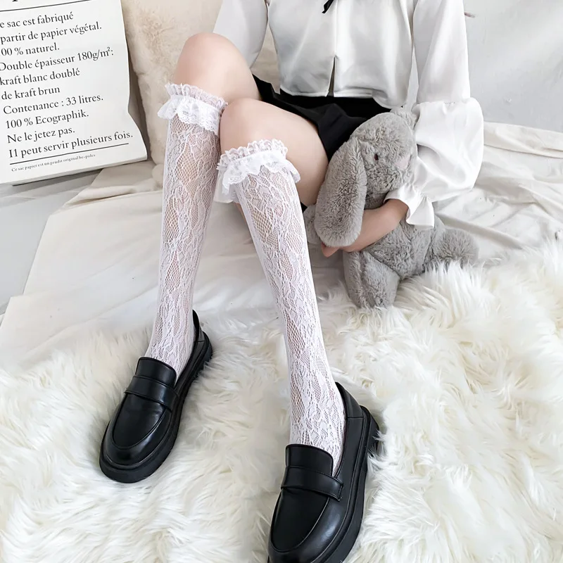 Spring/Autumn Thin Lace Hollow White Thigh High Lolita Socks for Women JK Cute Black Long Stockings