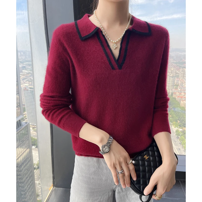 100% Kaschmir pullover weiblich Bai Baihe mit Herbst und Winter Revers Kontrast Pullover Pullover Langarm Kaschmir Bottom ing Top