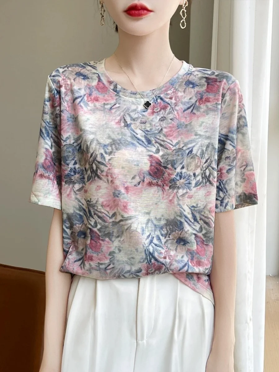 

Летний новый модный круглый принт Ne ort Sve, женский трикотаж из лиоцеллового шелка, уникальный дизайн, элегантный топ