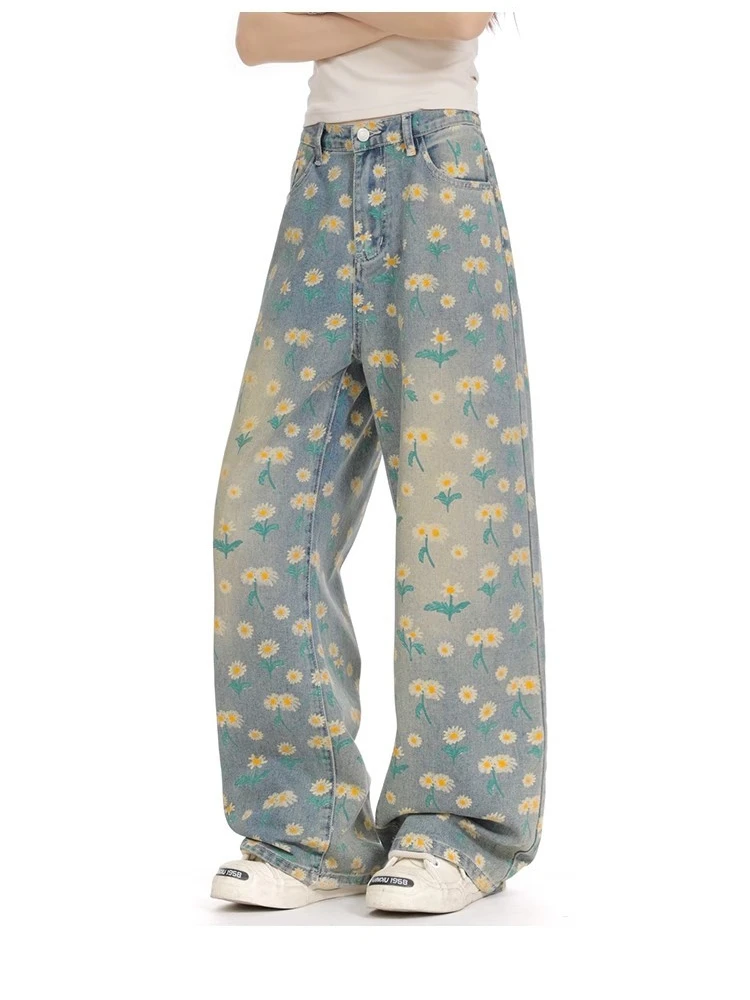Denim jeans met chrysanthemumprint voor dames, blauwe jeans, coole meisjesbroek, casual bodems, vrouwelijke denimbroek met hoge taille en wijde pijpen