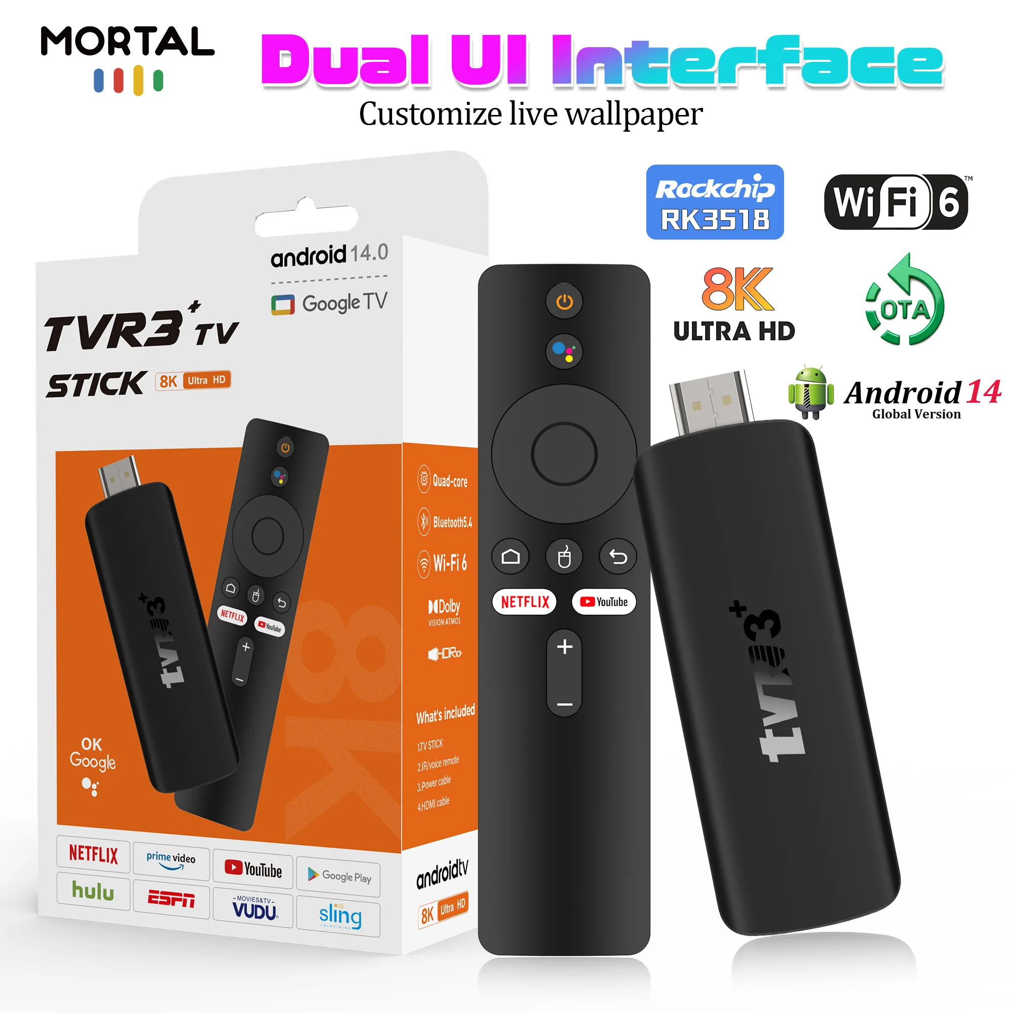 TVR3+ high-performance Device Dual UI Google Voice Remote RK3518 Android 14.0 2GB RAM 16GB ROM Wi-Fi 6 BT5 Smart TV Stick