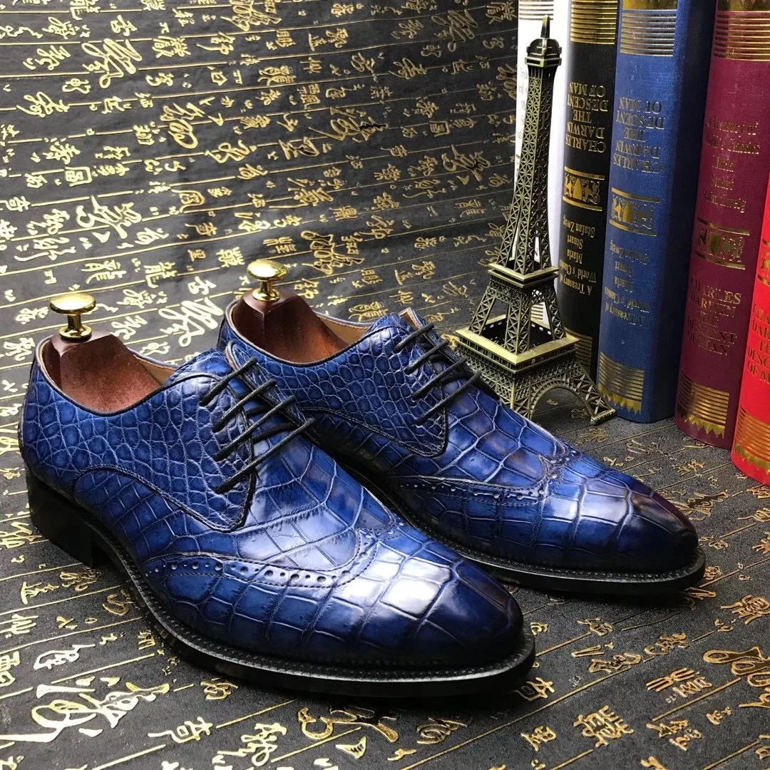 yingshang sepatu formal pria baru sepatu kulit buaya biru santai