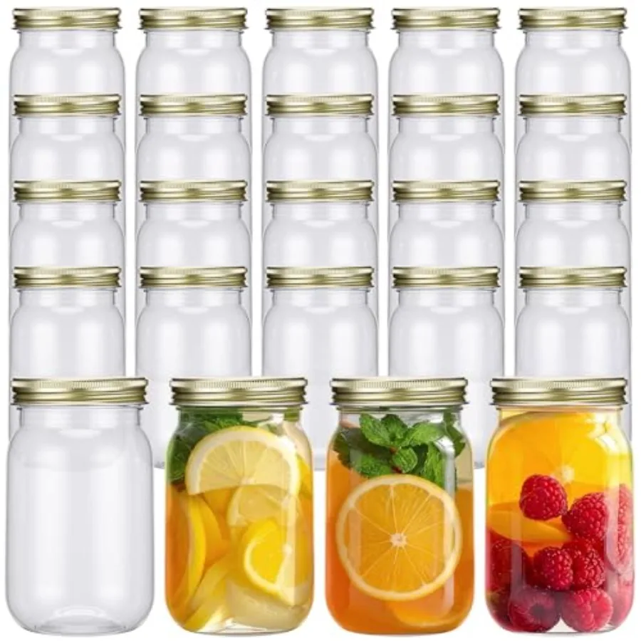 

24 Pieces 16 oz Clear Plastic Mason Jars with Lids Refillable Mason Cocktail Cup Empty Canning Overnight Oats Container Plastic