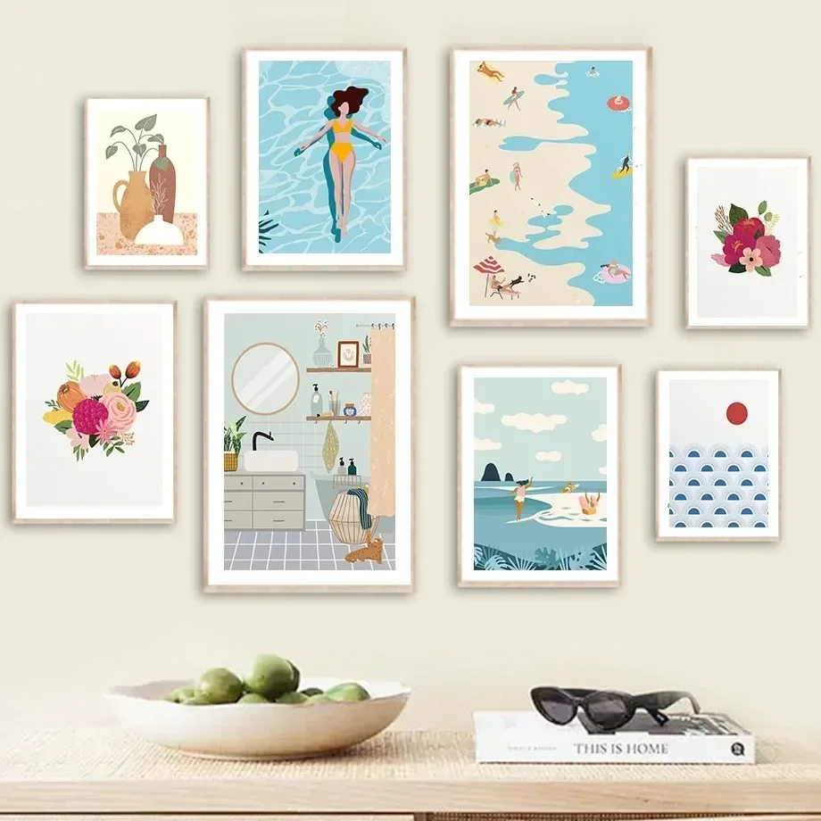 Cuadro sobre lienzo para pared, playa, olas del mar, piscina, flor, carteles minimalistas e impresiones, imágenes de pared para decoración para sala de estar