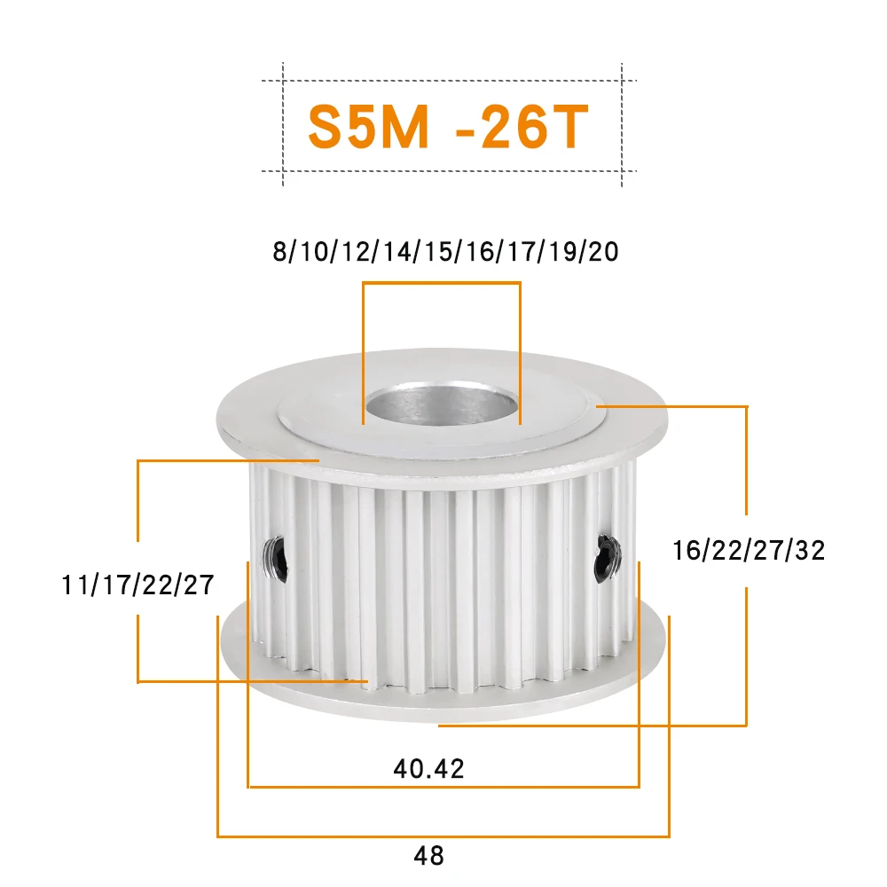 S5M Type 26T Timing Pulley Inner Bore 8/10/12/14/15/16/17/20 mm 5mm Pitch 26 Teeth 11/17/22/27mm Width STD5M Timing Belt Pulley