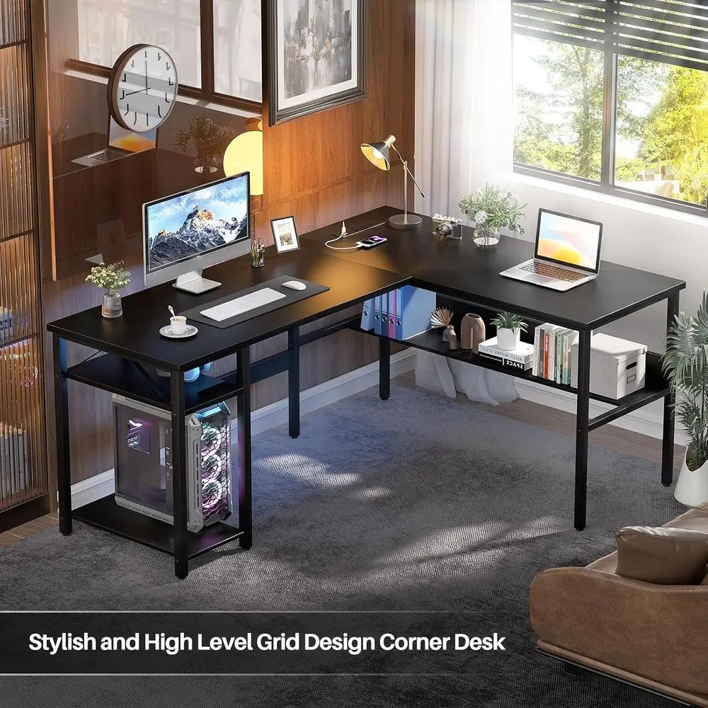 Reversible L Shaped Computer Desk with Magic Power Outlet, Sturdy Office Corner Desk, L Shape Gaming Table with Storage Shelf, B
