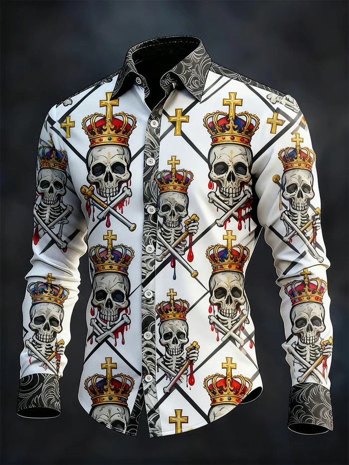 Gothic Christmas Skull Print Men's Long-Sleeve Shirt with Bell and Skull Print - Casual Fit for Christmas Celebrations