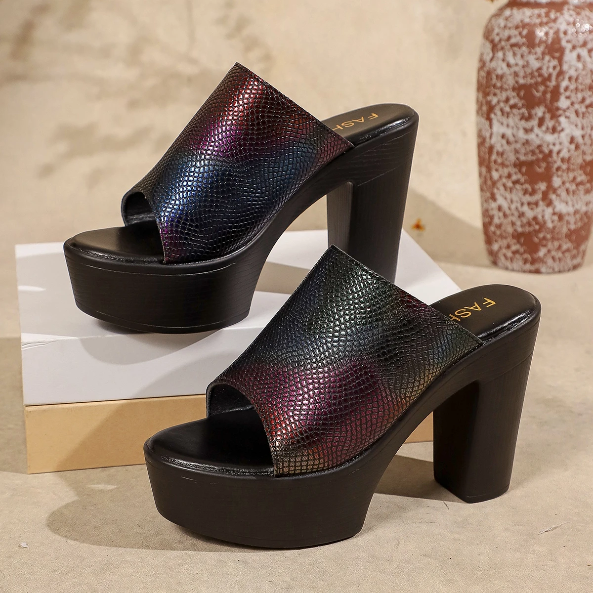 

New Summer Trend Women Sexy Colorful Snakeskin Print Open Toe Super High Chunky Heel Platform Sandals Slippers Lady Slides Shoes