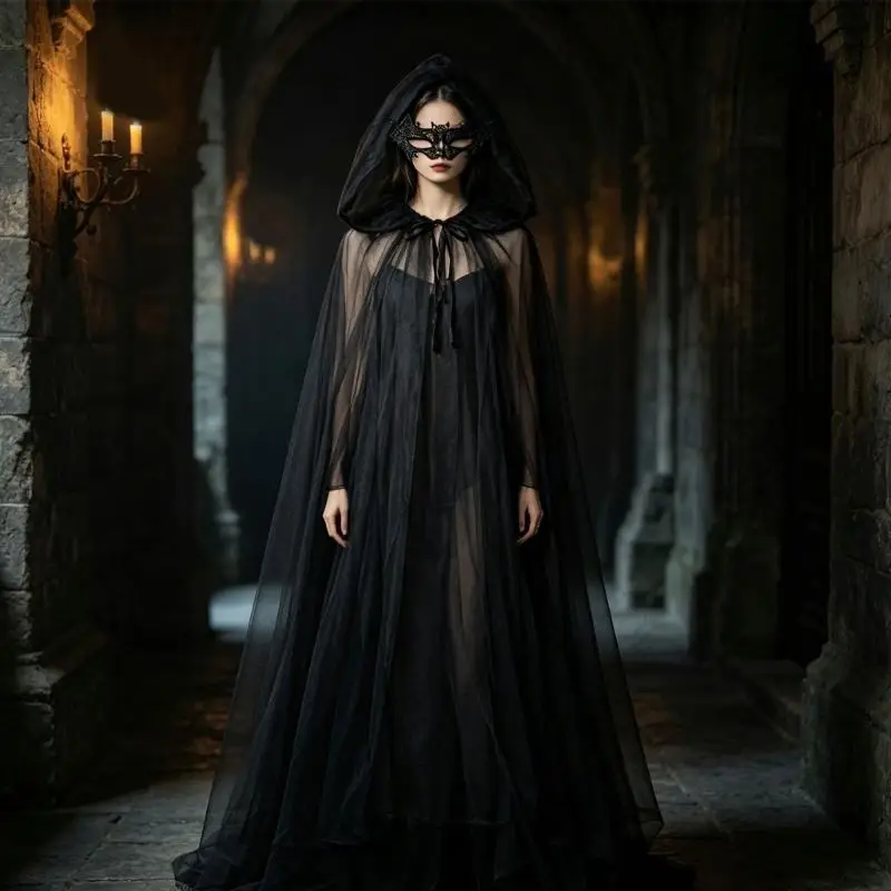 R7UF Black Hooded Cloak and Bat Mask Set Cosplay Outfit for Adult Halloween Costume