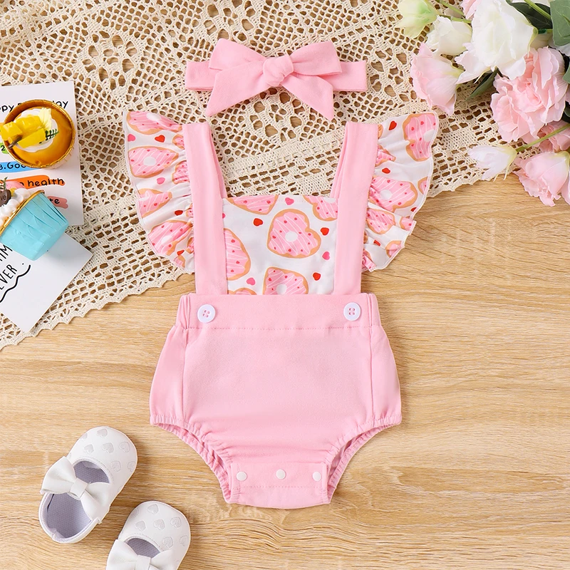 

Newborn Baby Girl Clothes Square Neck Flying Sleeve Donut Print Romper with Bow Headband Infant Outfits