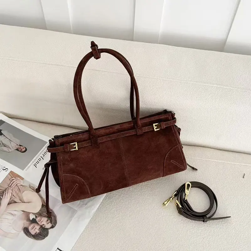 Retro Tote Bag Versatile Suede 2024 Fashion Large Capacity Handheld Shoulder Crossbody Women Brown Handbag