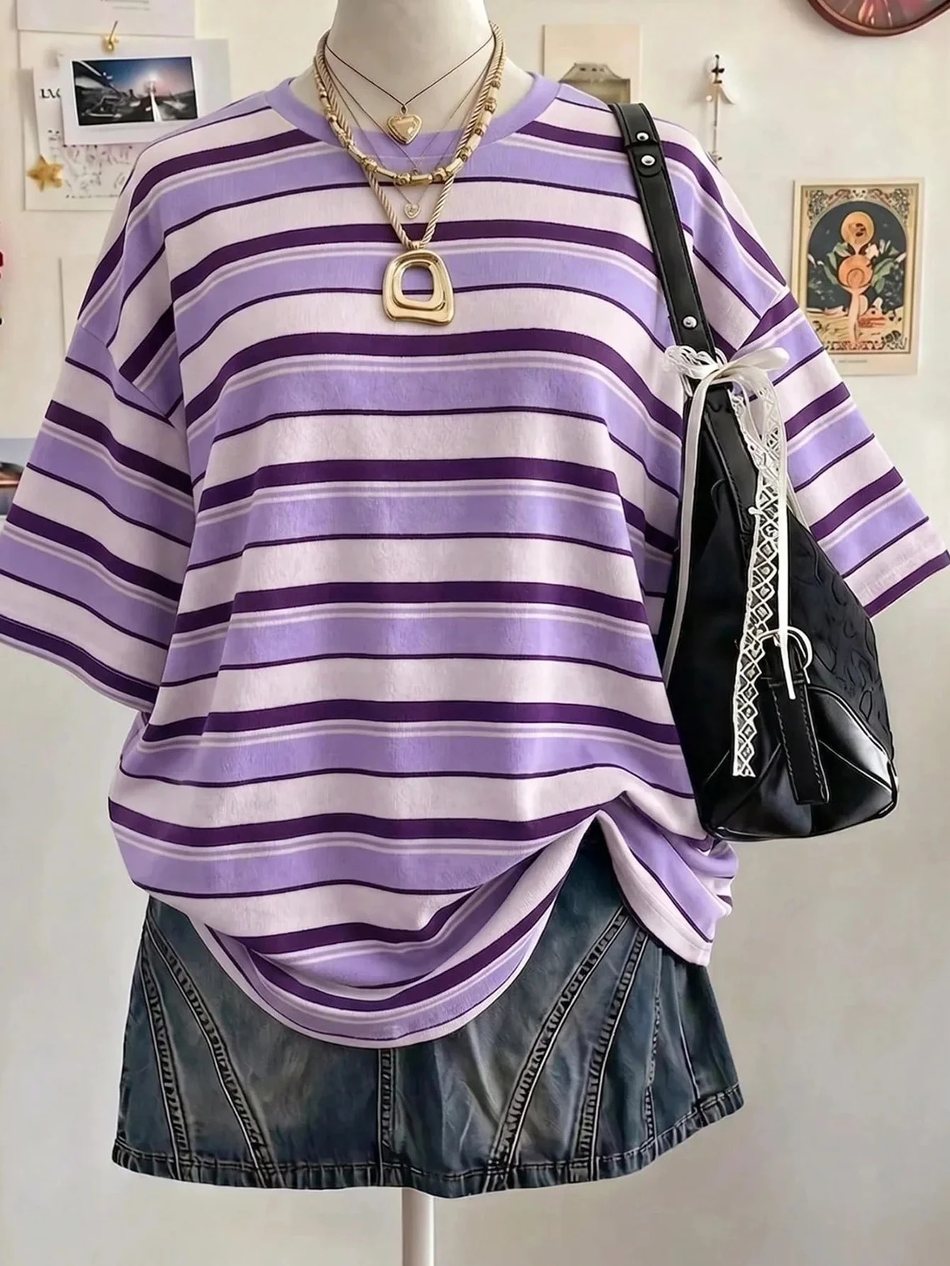 Women Purple White Striped T Shirt Round Neck Short Sleeve Oversized Loose Casual Summer Streetwear Basic Tee Top