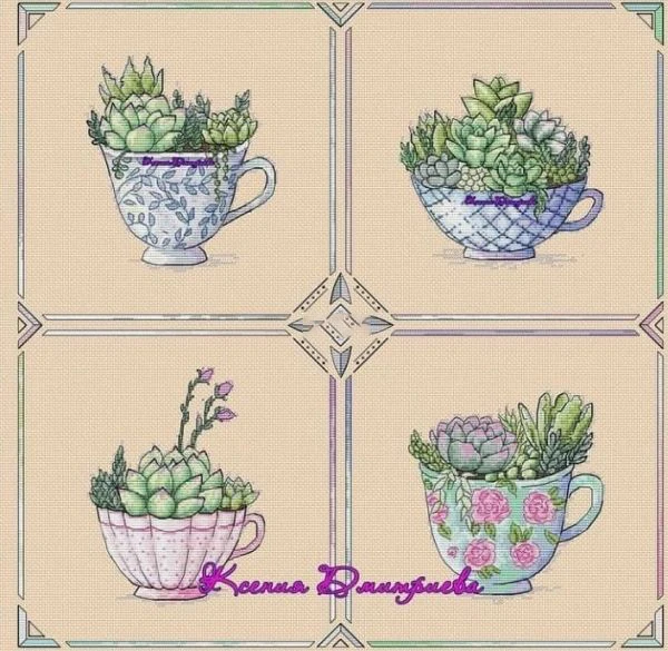 DIY Needle Work Cross Stitch Succulent tea cup 55-55 counted Cross Stitch Kit  28ct 14ct 32ct Metallic cotton aida