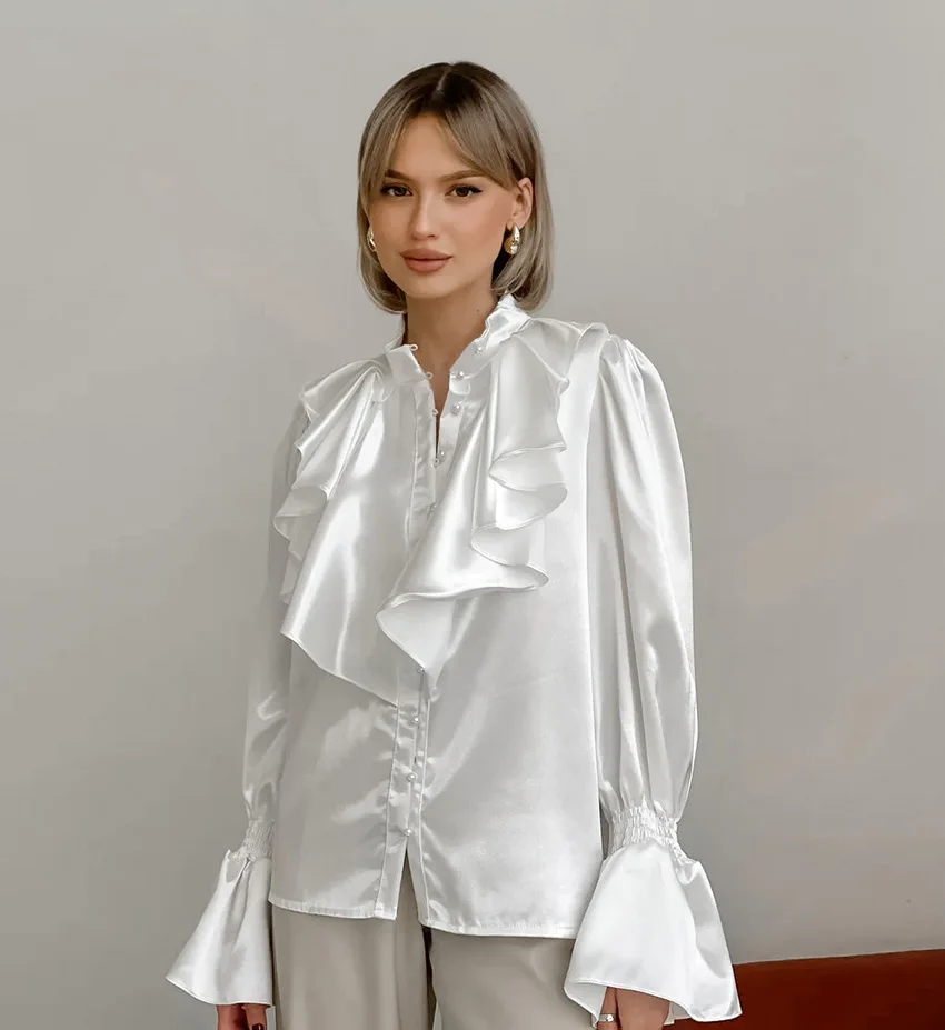

Ruffles Trim Satin Shirt Women Summer Fashion Flare Sleeve Lapel Casual Loose Shirts Blouses Lady Elegant Tops Streetwear 2025