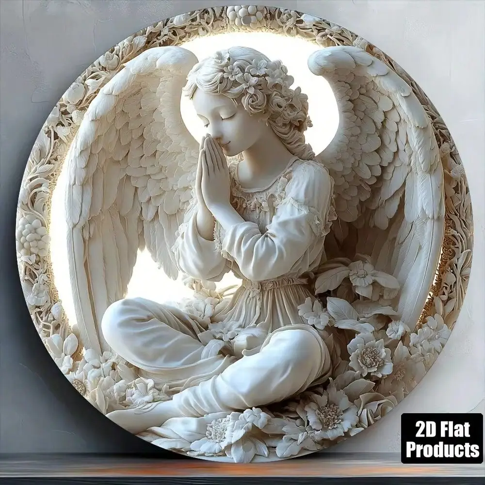 CIFBUY Metal Wall Art Angel Plaque Vintage Religious Home Decor Iron Round Sign for Living Room Bedroom Cafe Bar Wall Hanging