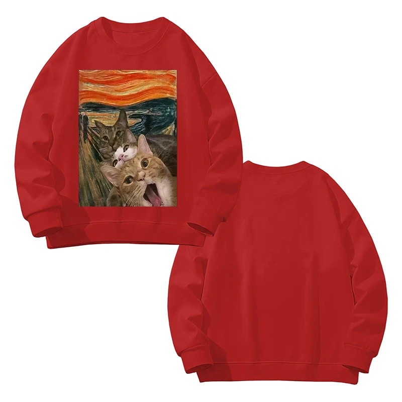 パーカー女性猫油絵プリント面白いグラフィックプルオーバースウェット長袖カジュアルレッドトップス原宿服 2025