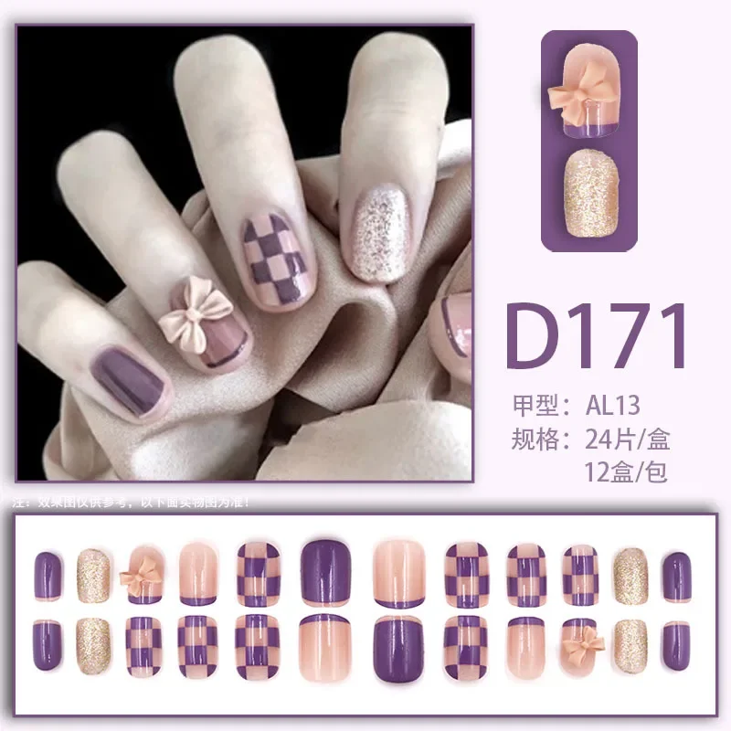 24Pcs/Set Fresh Pure Desire Acrylic Fake Nails Tips Small Flash Checkerboard Bowknot Wearing False Nails French Press on Nails