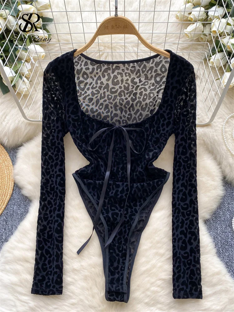 SINGREINY Autumn Leopard Sheath Sexy Playsuits Fashion Open crotch Short Rompers Female Long Sleeve Lace Up Streetwear Bodysuits