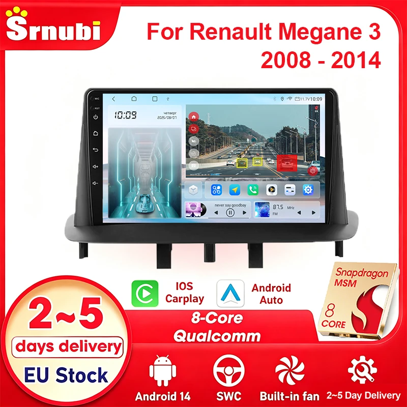 Srnubi 2Din Autoradio für Renault Megane 3 2008-2014 Multimedia-Player Kabelloses CarPlay Android Auto Navigationssystem Haupteinheit