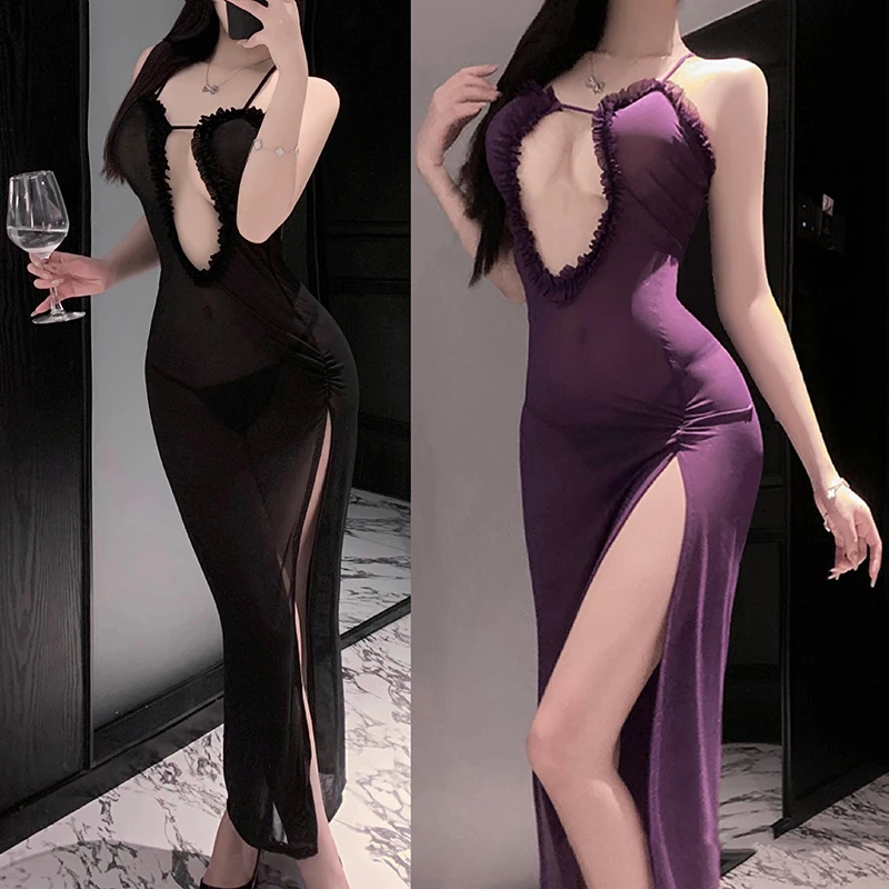 

Sexy Hot Pajamas Transparent Hollow Out Purple Long Dress Elegant Mesh Thin Sweet Hot Sexy Nightclub Dresses Halloween Evening