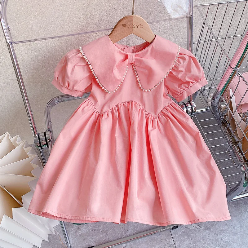 

Girls' Summer Party Season Dreamy Pink Pearl Doll Collar Princess Dress Summer Birthday Banquet Dress Wedding Flower Girl Dress
