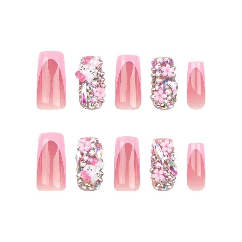 24Pcs Press on Acyrlic Nails Y2k HelloKitty False Nails Rhinestone Design Pink Cute Fake Nail Tips for Girls French Manicure