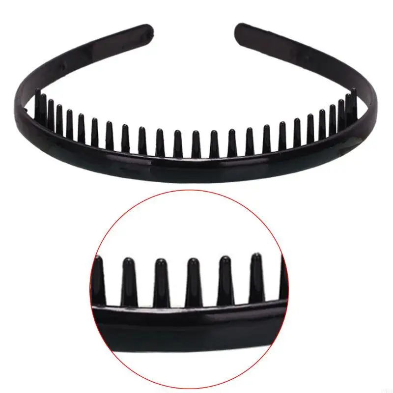 

P88A Women Men Girls 8mm Plastic Plain Headband with Non-Slip Teeth Comb Shiny Black Hair Hoop DIY Styling Makeup Headwear