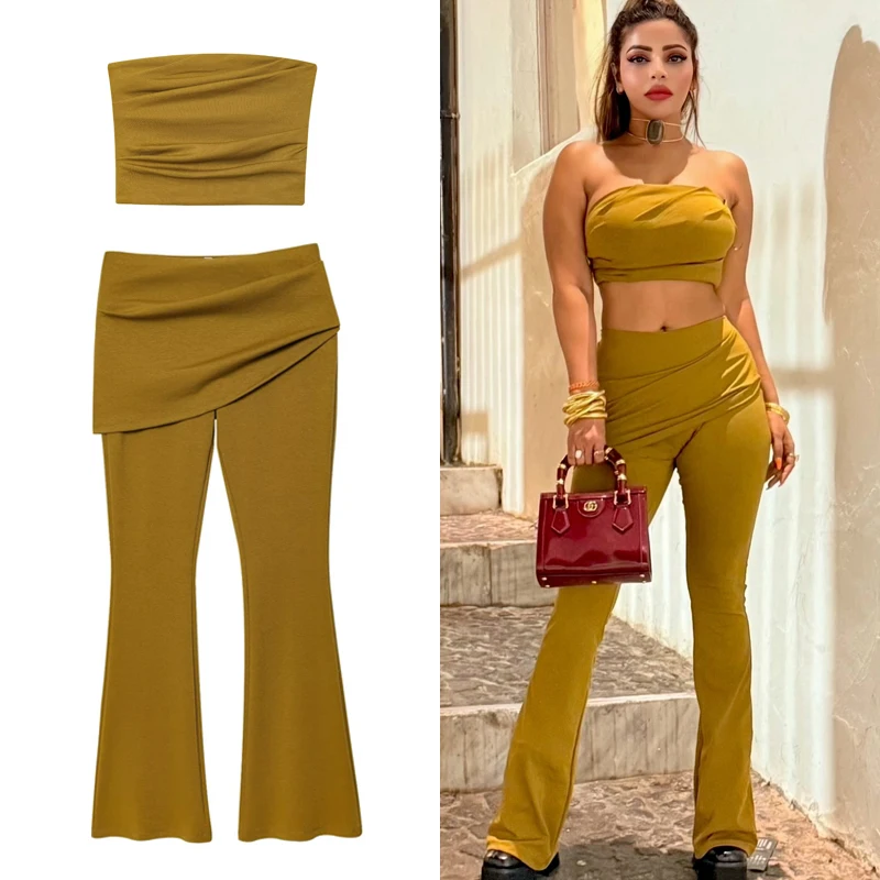 Damen 2-teiliges Outfit: Trägerloses gerafftes Crop-Top und asymmetrische High-Waist Schlaghose – Sommer 2025, einfarbig Khaki, dehnbar, lässig