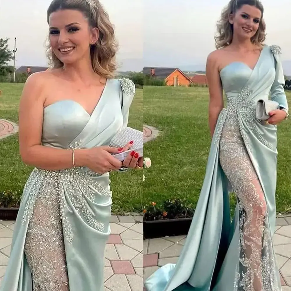 Vestidos De Noche De encaje De lujo para mujer, vestido De fiesta De sirena De manga larga con un hombro, vestidos formales De fiesta con cuentas De satén, bata De velada