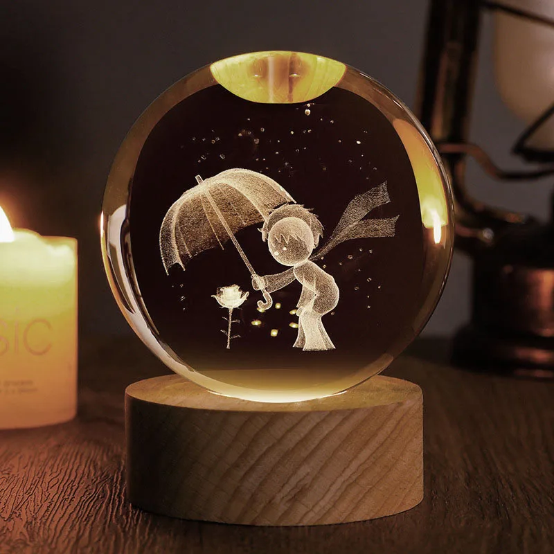 Crystal Ball Prince Figurine Glass 3D Laser Engraved Sphere Paperweight Home Desk Decoration Feng Shui Ornaments Crafts Gifts