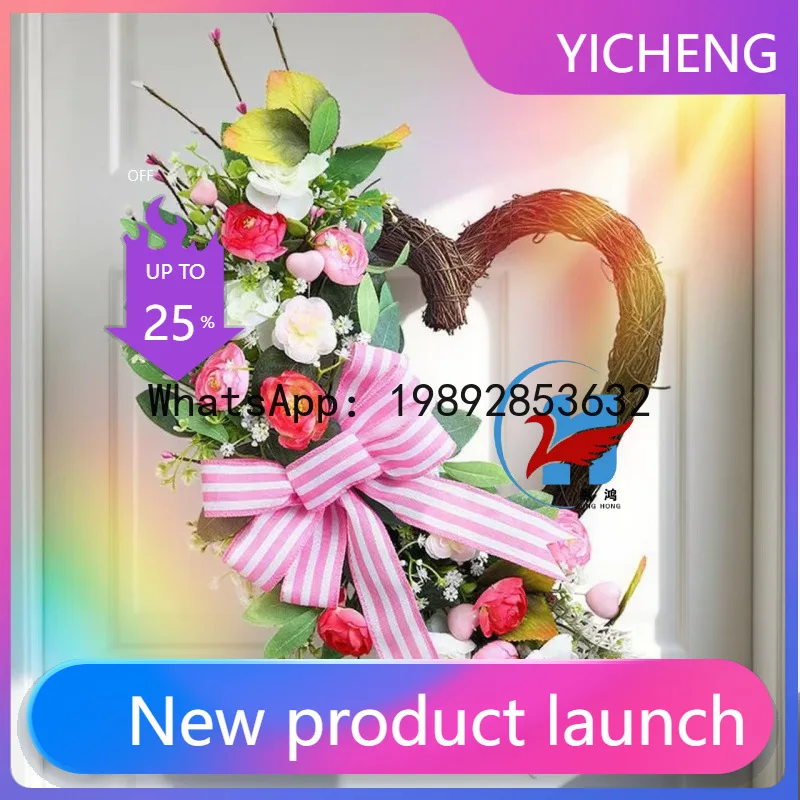 

ZZ heart-shaped simulated hand-rolled wreath arrangement, Valentine's Day Mother's Day pink striped bow decorative door hanging