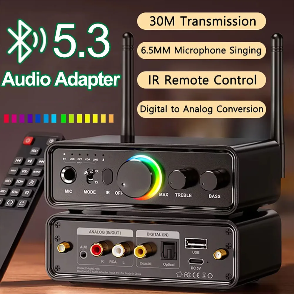 RGB Bluetooth 5.3 Audio Transmitter Receiver DAC Digital to Analog Conversion DSP 6.5MM Microphone Karaoke Hifi Wireless Adapter