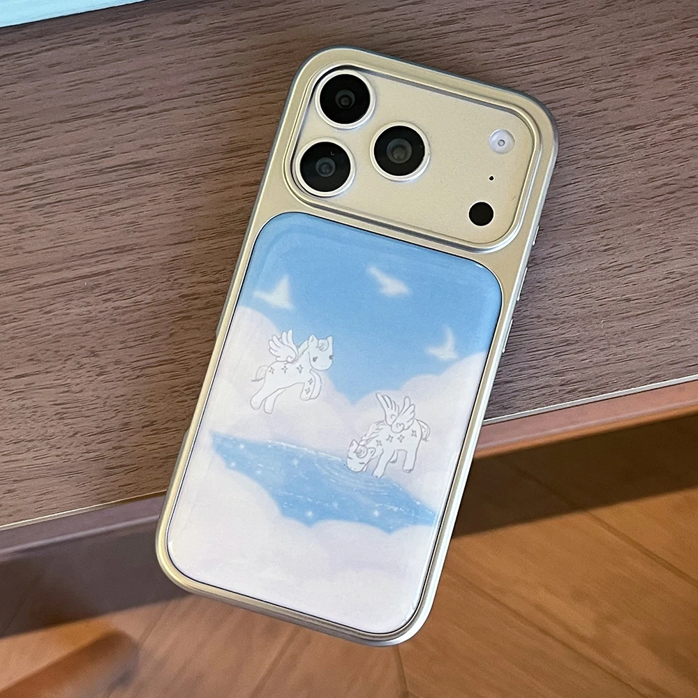 

Dreamy Cloud Winged Horse Ethereal Sky Pony Electroplated Drip Glue Phone Case for iphone 17Pro 14 15 16 Promax Shockproof Cover