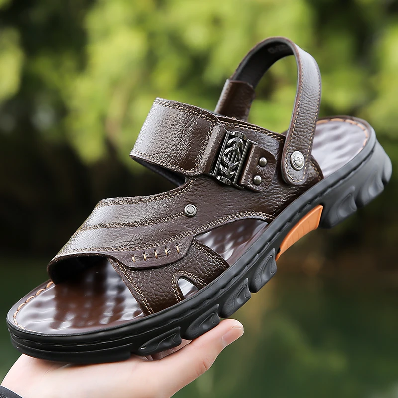 Men's Summer Sandals Top Layer Cowhide Comfortable Anti-Slip Beach Shoes Trendy Two-Way Wear Slip-On Slippers-2037
