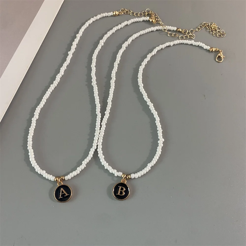letters initial pendant necklace diy name White Color Seed Bead Necklaces for Women Round Black Letter Woman\'s Choker jewelry