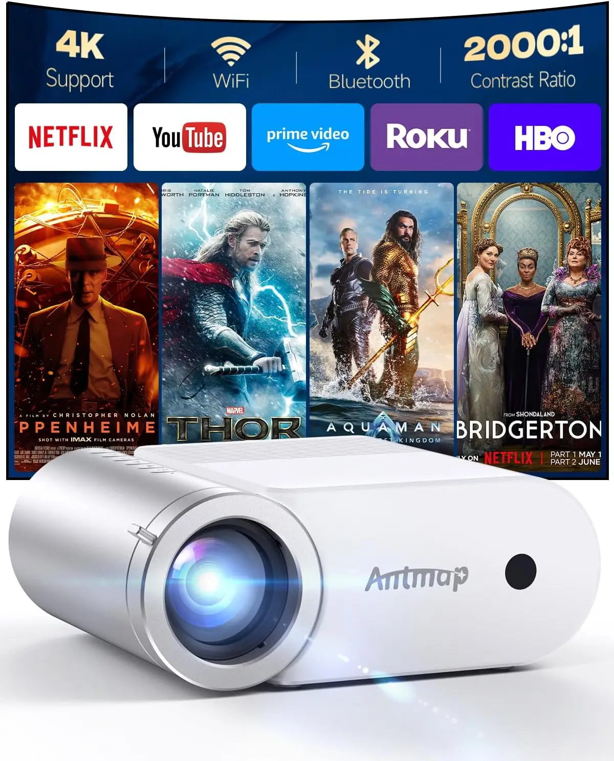 

Мини-проектор с Wi-Fi и Bluetooth, 400 ANSI люмен, портативный, для iPhone, Native 1080P, 4K, домашний кинотеатр, для улицы, экран 200 дюймов, HDMI, USB