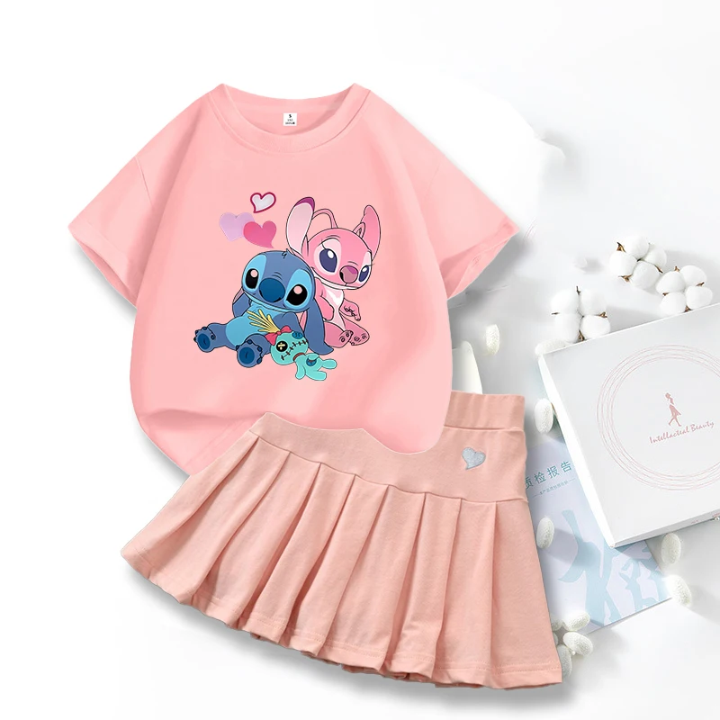 Disney Lilo&stitch Kids Girls Student Uniform Skirts T Shirt Pleated Culottes Child Summer Skirt with Inner Safety Pant Dress