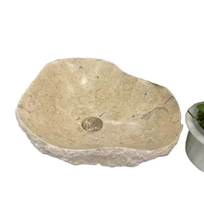 Modern Indoor Outdoor Beige Marble Face Washbasin Irregular Wave Shape Natural Stone Sink for Farmhouse Hotel Washroom for