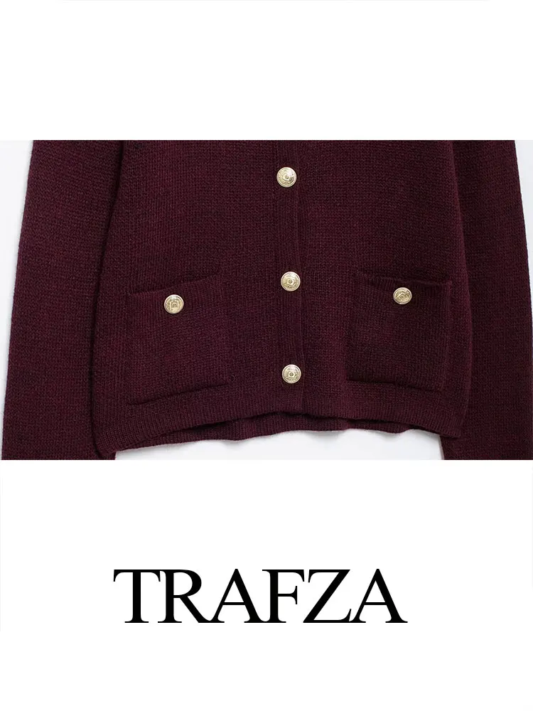 TRAFZA Autumn Women Fashion Burgundy Red Sweater Knitted O-Neck Long Sleeves Slim Single Breasted Cardigan Vintage Woman Top