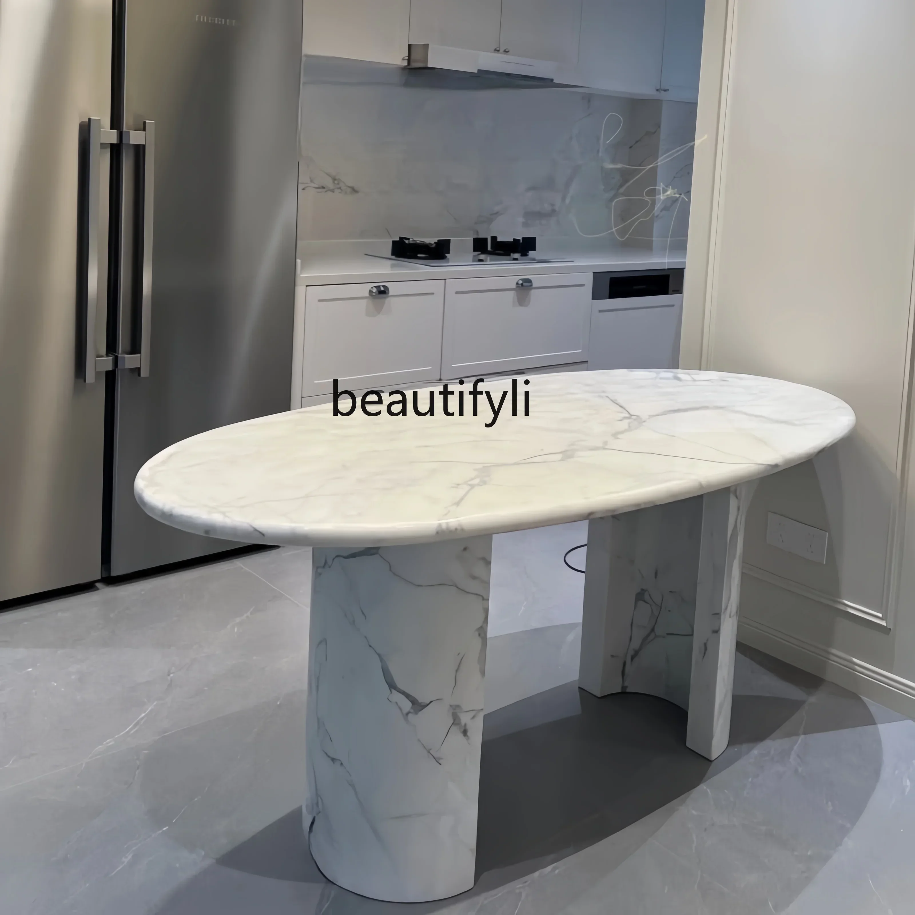 

A53 French marble large white dining table cream style retro simple Nordic oval dining table